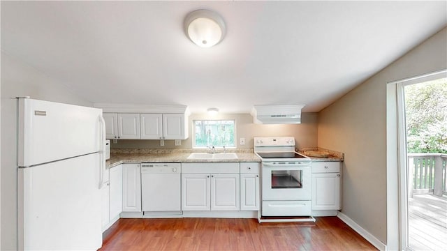 1230 W Mount Comfort Rd, Fayetteville, AR 72703 - kitchen featuring white appliances, exhaust hood, plenty of natural light, and light wood finished floors