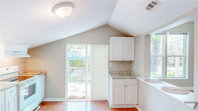 1230 W Mount Comfort Rd, Fayetteville, AR 72703 - kitchen with white range with electric cooktop, under cabinet range hood, white cabinets, light countertops, and lofted ceiling