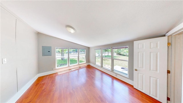 1230 W Mount Comfort Rd, Fayetteville, AR 72703 - empty room featuring vaulted ceiling, electric panel, light wood-style floors, and baseboards