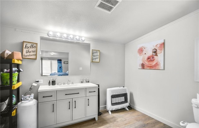14650 Mariano Rd, Bentonville, AR 72712 - bathroom featuring heating unit, wood finished floors, vanity, ornamental molding, and a textured ceiling