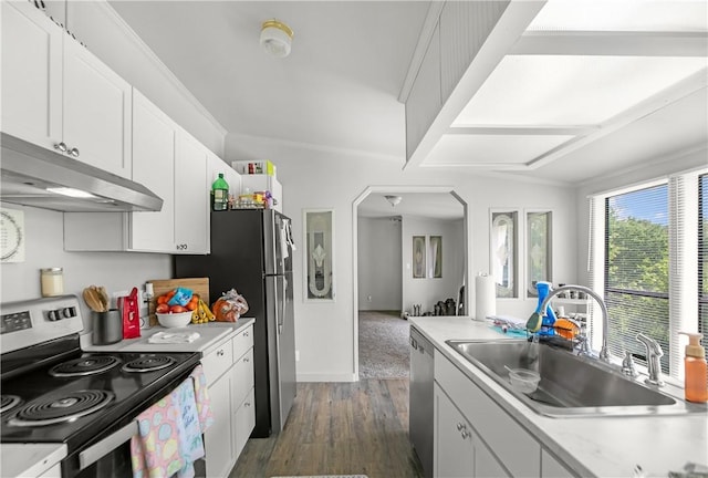 14650 Mariano Rd, Bentonville, AR 72712 - kitchen featuring stainless steel appliances, under cabinet range hood, a sink, dark wood-style flooring, and light countertops