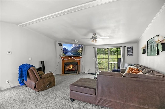 14650 Mariano Rd, Bentonville, AR 72712 - carpeted living area featuring a warm lit fireplace, ceiling fan, baseboards, and lofted ceiling