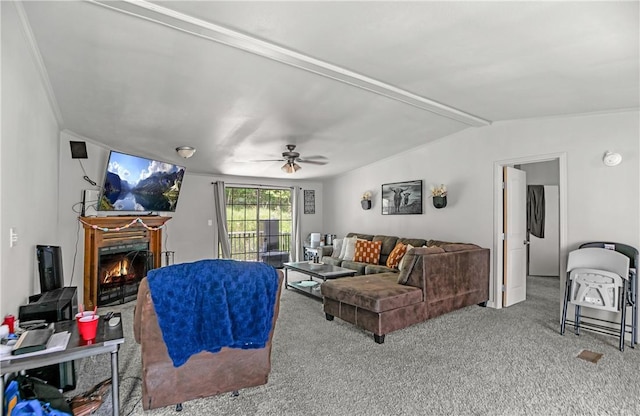 14650 Mariano Rd, Bentonville, AR 72712 - carpeted living room featuring a lit fireplace, ceiling fan, ornamental molding, and lofted ceiling