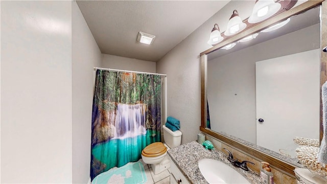 12526 Avoca Hollow Rd, Garfield, AR 72732 - bathroom featuring toilet, a shower with shower curtain, vanity, and tile patterned floors