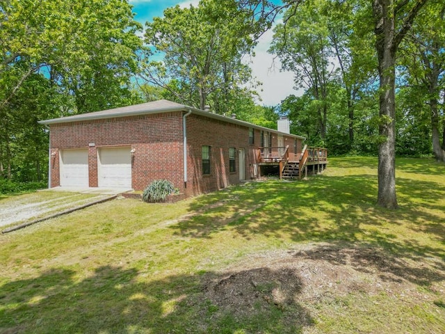 12526 Avoca Hollow Rd, Garfield, AR 72732 - view of side of property with an attached garage, driveway, brick siding, a lawn, and a deck