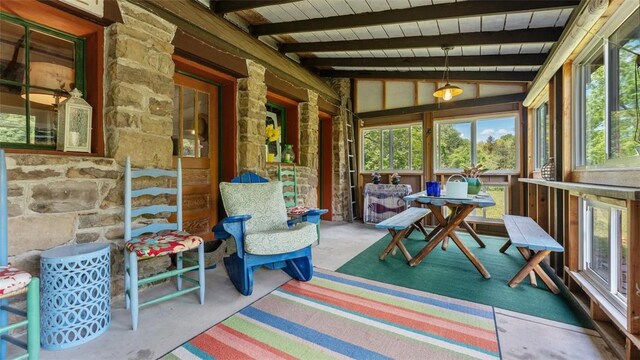 sunroom featuring healthy amount of natural light and wood ceiling