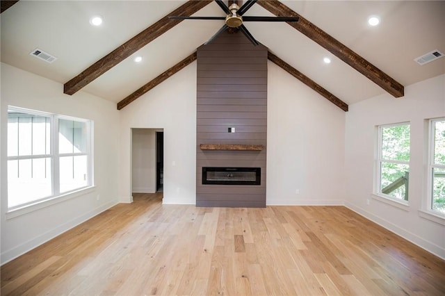 25 Lathrop Dr, Bella Vista, AR 72715 - unfurnished living room featuring a fireplace, a ceiling fan, light wood finished floors, beam ceiling, and baseboards
