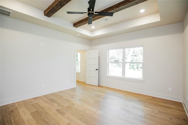 25 Lathrop Dr, Bella Vista, AR 72715 - spare room featuring beamed ceiling, baseboards, light wood-style flooring, a ceiling fan, and recessed lighting