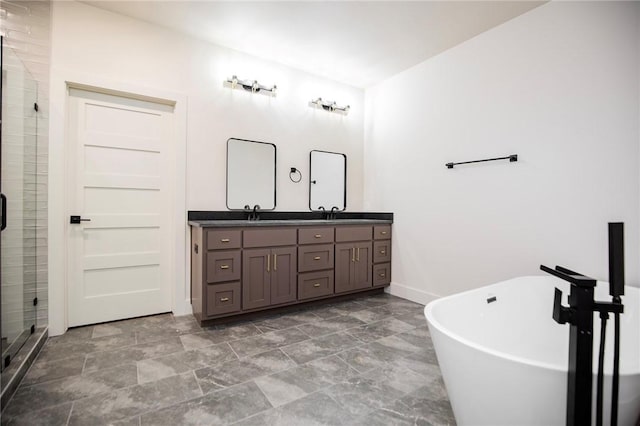 25 Lathrop Dr, Bella Vista, AR 72715 - bathroom featuring double vanity, a stall shower, a freestanding tub, and baseboards