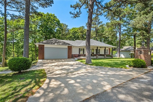 6 Rivercliff Rd, Rogers, AR 72756 - ranch-style home with a porch, a garage, concrete driveway, a front lawn, and brick siding