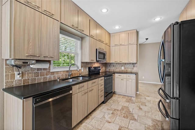 6 Rivercliff Rd, Rogers, AR 72756 - kitchen with freestanding refrigerator, dishwasher, electric range, stainless steel microwave, and light brown cabinetry