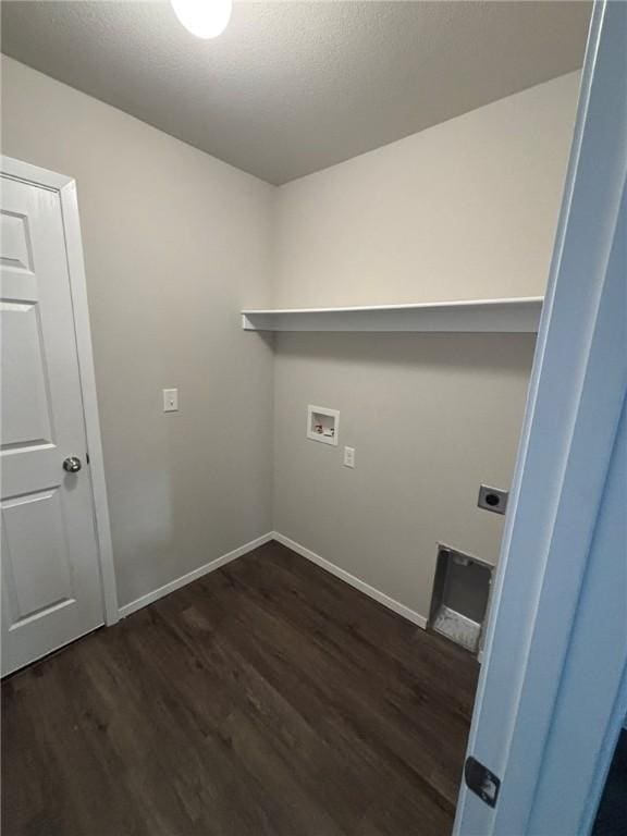 811 Belhaven Rd, Centerton, AR 72719 - clothes washing area featuring hookup for a washing machine, dark wood-style flooring, baseboards, hookup for an electric dryer, and a textured ceiling