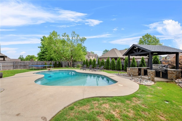 6503 S 35th St, Rogers, AR 72758 - view of pool with a patio, a gazebo, area for grilling, a trampoline, and a grill