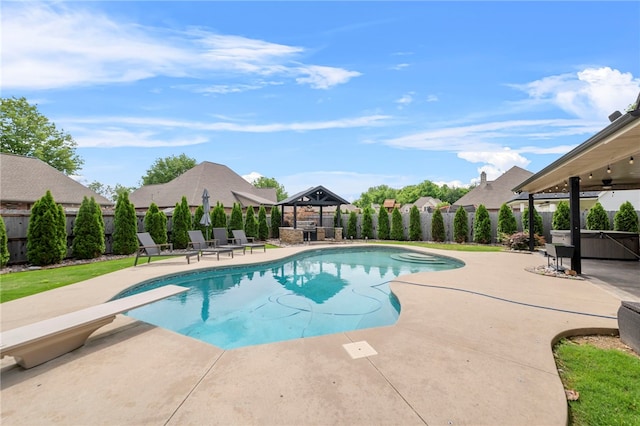 6503 S 35th St, Rogers, AR 72758 - view of swimming pool with a gazebo, a patio, a fenced backyard, and a diving board