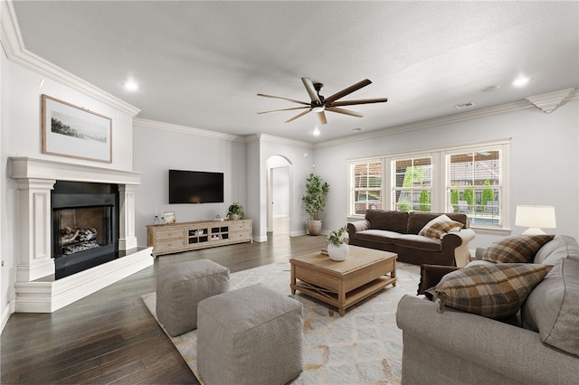 6503 S 35th St, Rogers, AR 72758 - living room featuring arched walkways, wood finished floors, a ceiling fan, a fireplace with raised hearth, and baseboards