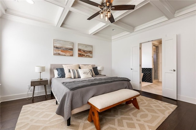 bedroom with coffered ceiling, wood finished floors, baseboards, beam ceiling, and ornamental molding