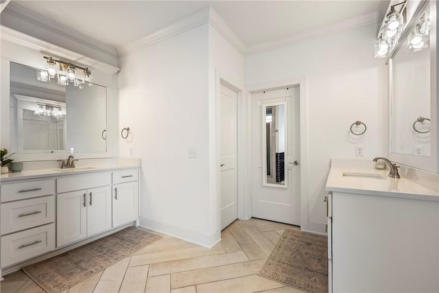 full bathroom with crown molding and two vanities