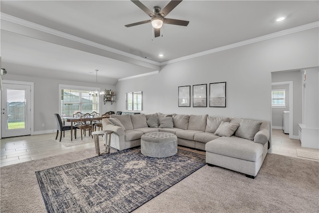 12 E Loveland Loop, Farmington, AR 72730 - living room featuring a chandelier, crown molding, a ceiling fan, recessed lighting, and baseboards