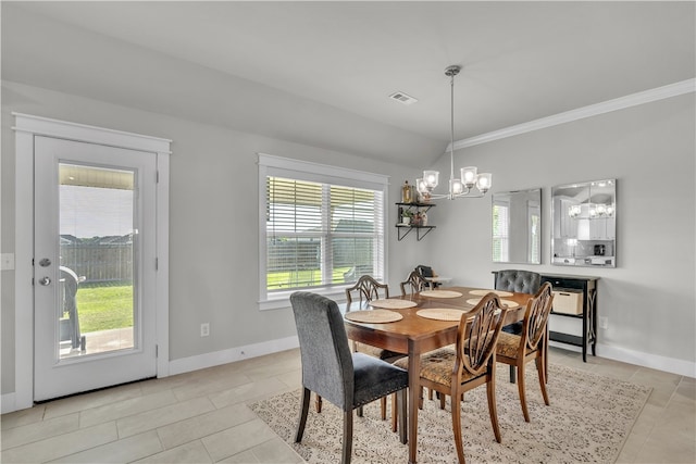 12 E Loveland Loop, Farmington, AR 72730 - dining room featuring a chandelier, ornamental molding, light tile patterned flooring, baseboards, and lofted ceiling