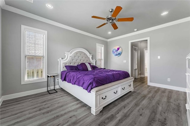 3803 Le Mason St, Springdale, AR 72764 - bedroom featuring baseboards, ornamental molding, wood finished floors, recessed lighting, and a ceiling fan