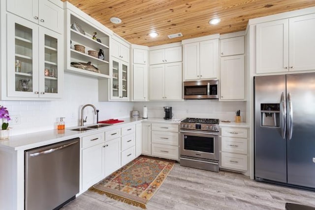 713 Madison Unit 8744, Huntsville, AR 72740 - kitchen with appliances with stainless steel finishes, a sink, wood ceiling, light countertops, and white cabinets