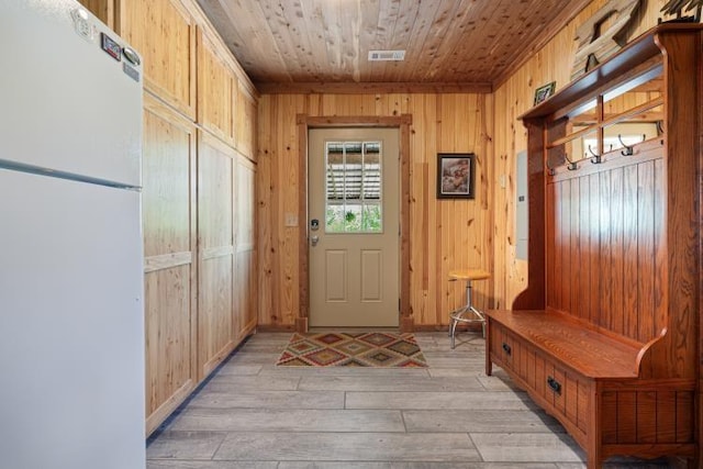 713 Madison Unit 8744, Huntsville, AR 72740 - mudroom featuring wooden ceiling, light wood finished floors, and wood walls