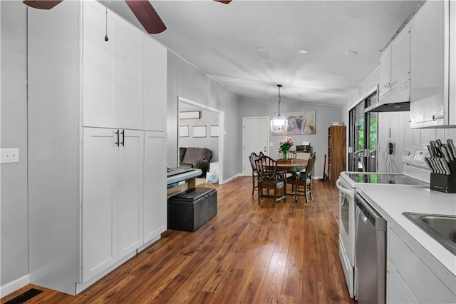 1 Morris Ln, Bella Vista, AR 72715 - kitchen with stainless steel dishwasher, ceiling fan, range, white cabinets, and lofted ceiling
