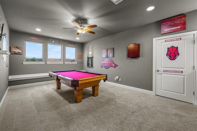 recreation room featuring carpet floors, a ceiling fan, baseboards, pool table, and recessed lighting