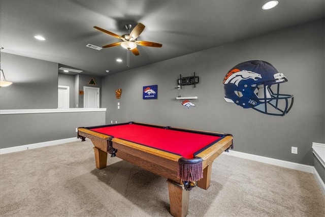 game room featuring a ceiling fan, carpet floors, recessed lighting, baseboards, and pool table