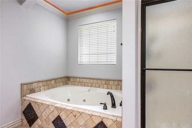 bathroom with crown molding and a whirlpool tub