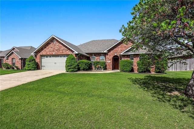 view of front of home with brick siding, an attached garage, concrete driveway, and roof with shingles