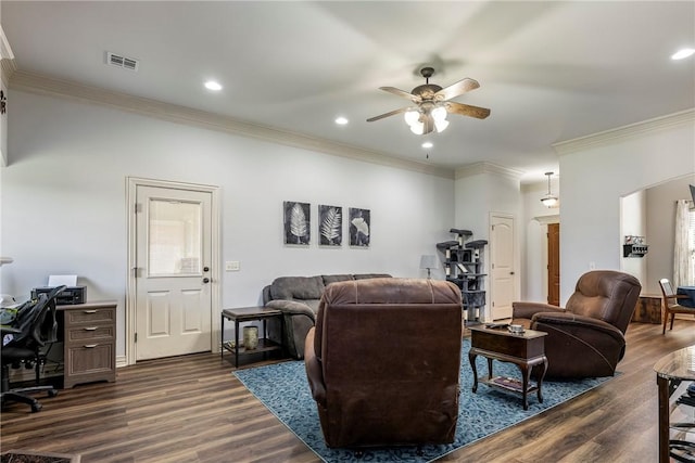 living area featuring ceiling fan, dark wood-style flooring, crown molding, an office area, and recessed lighting