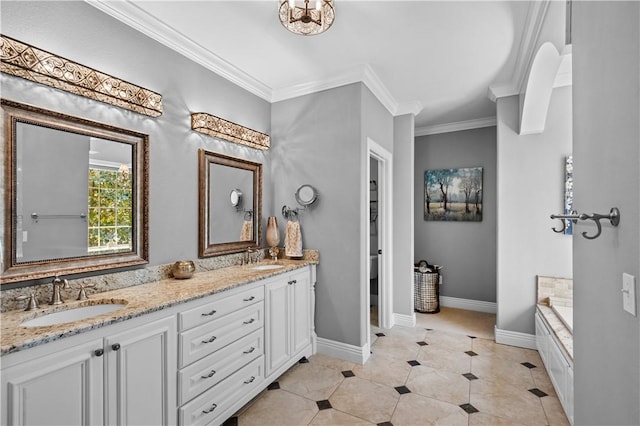bathroom featuring ornamental molding, baseboards, double vanity, and a tub to relax in