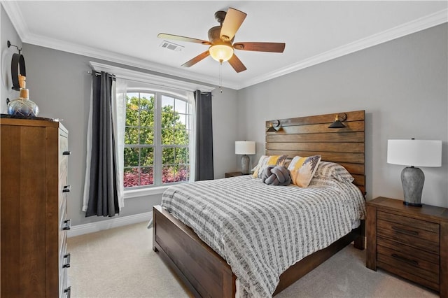 bedroom featuring light carpet, crown molding, baseboards, and ceiling fan