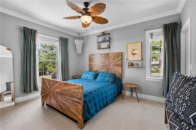 bedroom featuring carpet, multiple windows, crown molding, and baseboards