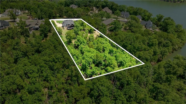 aerial overview of property's location with a nearby body of water, property boundaries highlighted, and a heavily wooded area