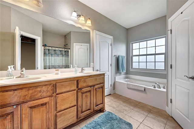 6201 S 36th St, Rogers, AR 72758 - bathroom with tile patterned flooring, a garden tub, double vanity, and curtained shower