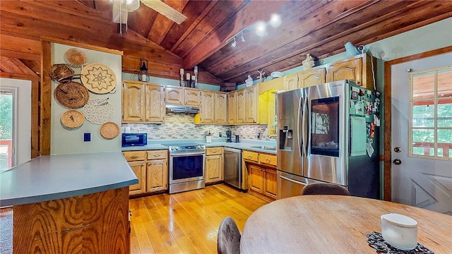 kitchen with appliances with stainless steel finishes, ventilation hood, wooden ceiling, light wood-type flooring, and a peninsula