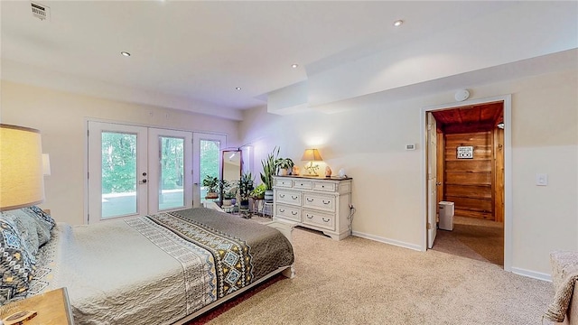 bedroom with french doors, access to outside, carpet flooring, and baseboards