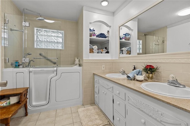 206 Suttle Dr, Springdale, AR 72764 - full bath with tile walls, a tile shower, a bath, tile patterned floors, and double vanity