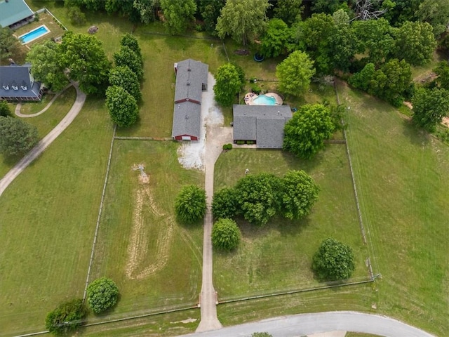 view from above of property featuring a pool