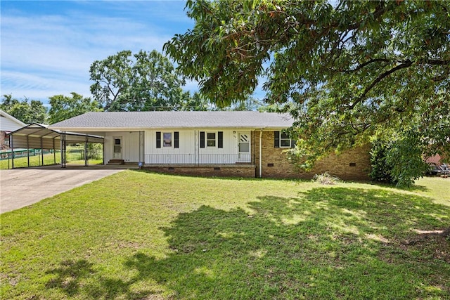 208 Date St, Russellville, AR 72802 - ranch-style home with crawl space, a front yard, driveway, an attached carport, and board and batten siding
