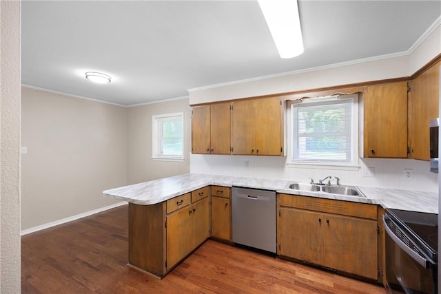 208 Date St, Russellville, AR 72802 - kitchen with stainless steel dishwasher, black range with electric stovetop, a peninsula, wood finished floors, and crown molding
