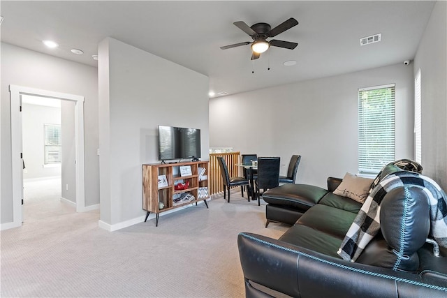 293 W Ash St Unit 1, Fayetteville, AR 72703 - living room featuring carpet flooring, ceiling fan, baseboards, and recessed lighting