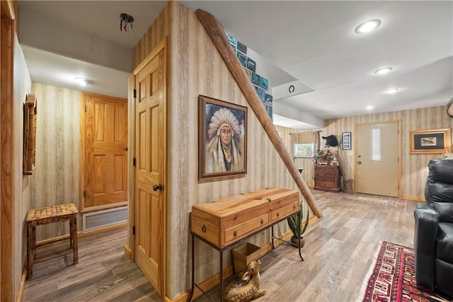21432 Lakeview Dr, Garfield, AR 72732 - hall with wallpapered walls and wood finished floors