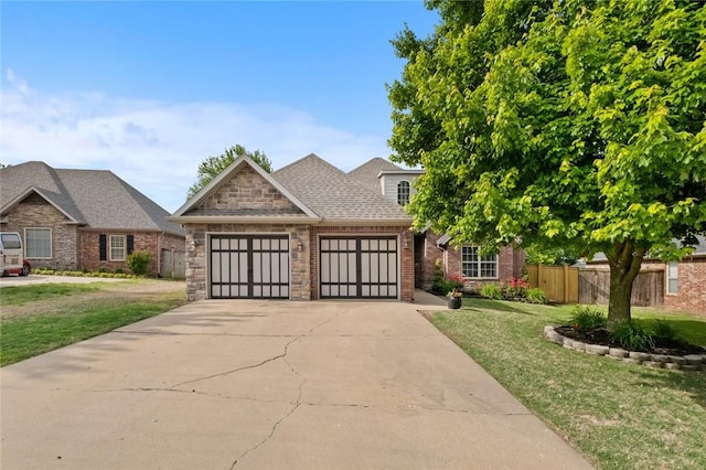 view of front of property with a garage, driveway, brick siding, and a shingled roof