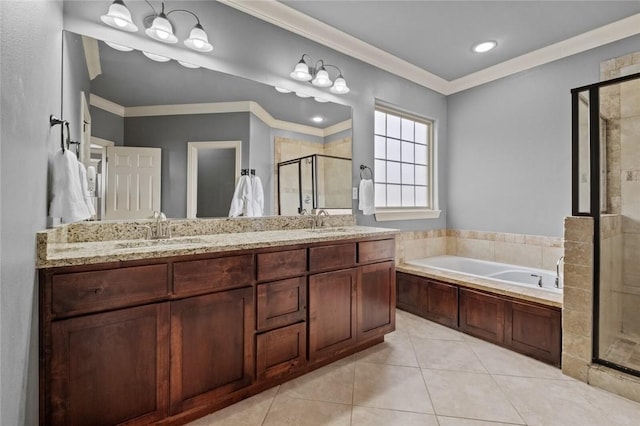 bathroom with tile patterned floors, a stall shower, a bath, crown molding, and double vanity