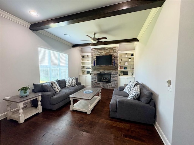 773 Via Firenze Ave, Tontitown, AR 72762 - living room featuring beam ceiling, crown molding, a ceiling fan, hardwood / wood-style flooring, and a stone fireplace