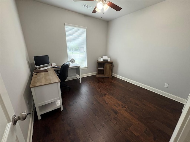 773 Via Firenze Ave, Tontitown, AR 72762 - home office with ceiling fan, dark wood-type flooring, and baseboards