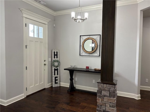 773 Via Firenze Ave, Tontitown, AR 72762 - entrance foyer featuring baseboards, wood finished floors, ornamental molding, a chandelier, and ornate columns